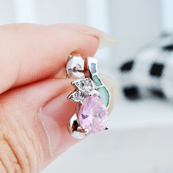 Pink Cubic Zirconia and Opal Earrings - Picture 2 of 3